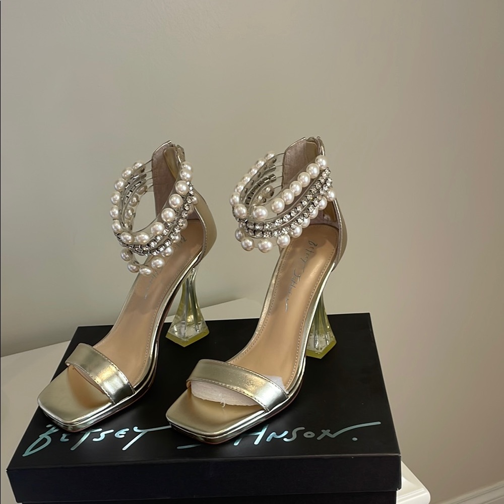 Betsey Johnson Gold Stiletto Heels with Pearl Embellishments